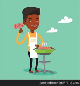An african-american man cooking steak on the barbecue grill. Young smiling man preparing steak on the barbecue grill. Happy man having outdoor barbecue. Vector flat design illustration. Square layout.. Man cooking steak on barbecue grill.