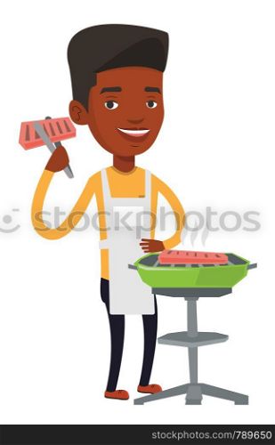 An african-american man cooking steak on the barbecue grill. Man preparing steak on the barbecue grill. Happy man having outdoor barbecue. Vector flat design illustration isolated on white background.. Man cooking steak on barbecue grill.