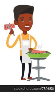 An african-american man cooking steak on the barbecue grill. Man preparing steak on the barbecue grill. Happy man having outdoor barbecue. Vector flat design illustration isolated on white background.. Man cooking steak on barbecue grill.