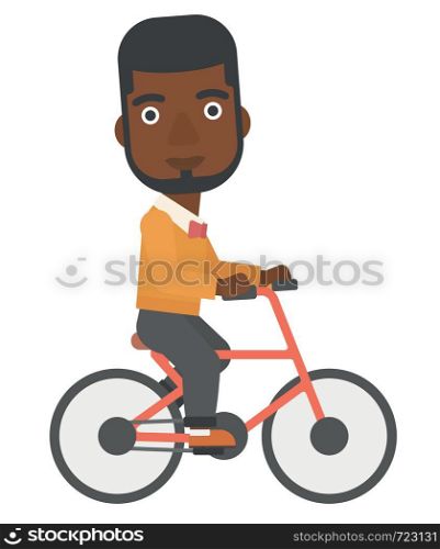 An african-american man cycling to work vector flat design illustration isolated on white background.. Man cycling to work.