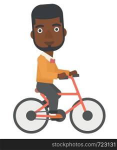 An african-american man cycling to work vector flat design illustration isolated on white background.. Man cycling to work.