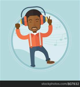 An african-american man dancing while listening to music. Man listening to music in headphones on a background with music notes. Vector flat design illustration in the circle isolated on background.. Man listening to music in headphones and dancing.