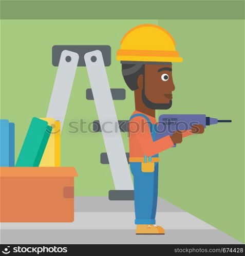 An african-american man drilling a hole in the wall using a perforator vector flat design illustration. Square layout.. Constructor with perforator.