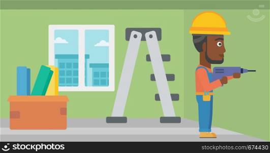 An african-american man drilling a hole in the wall using a perforator vector flat design illustration. Horizontal layout.. Constructor with perforator.