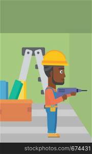 An african-american man drilling a hole in the wall using a perforator vector flat design illustration. Vertical layout.. Constructor with perforator.