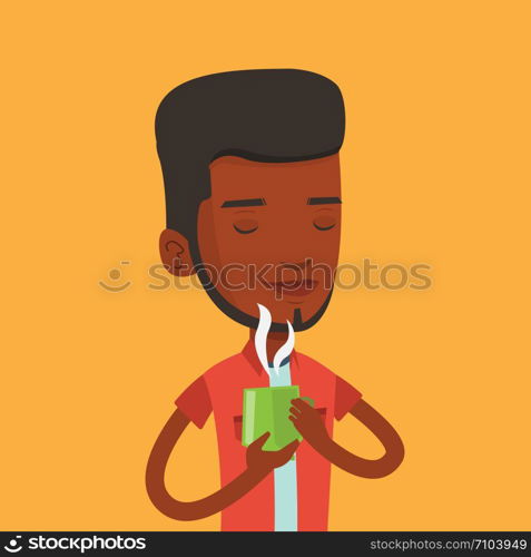 An african-american man drinking hot flavored coffee. Young smiling man holding cup of coffee with steam. Man with his eyes closed enjoying coffee. Vector flat design illustration. Square layout.. Man enjoying cup of coffee vector illustration