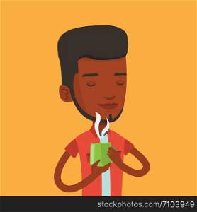 An african-american man drinking hot flavored coffee. Young smiling man holding cup of coffee with steam. Man with his eyes closed enjoying coffee. Vector flat design illustration. Square layout.. Man enjoying cup of coffee vector illustration