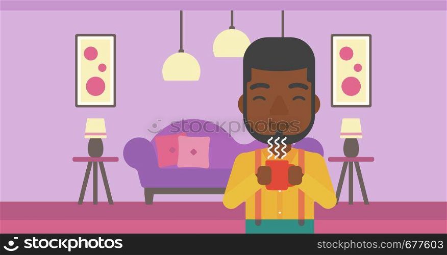 An african-american man drinking hot flavored coffee in living room vector flat design illustration. Horizontal layout.. Man holding cup of coffee.