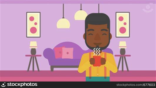 An african-american man drinking hot flavored coffee in living room vector flat design illustration. Horizontal layout.. Man holding cup of coffee.