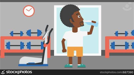 An african-american man drinking water in the gym vector flat design illustration. Horizontal layout.. Man drinking water.