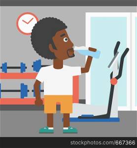 An african-american man drinking water in the gym vector flat design illustration. Square layout.. Man drinking water.