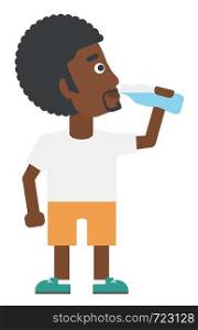 An african-american man drinking water vector flat design illustration isolated on white background.. Man drinking water.