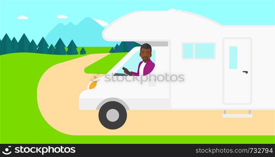 An african-american man driving a motor home in the forest vector flat design illustration. Horizontal layout.. Man driving motor home.