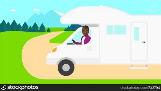 An african-american man driving a motor home in the forest vector flat design illustration. Horizontal layout.. Man driving motor home.