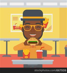 An african-american man eating hamburger on a cafe background vector flat design illustration. Square layout.. Man eating hamburger.