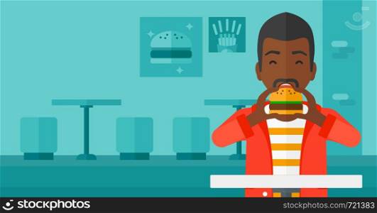 An african-american man eating hamburger on a cafe background vector flat design illustration. Horizontal layout.. Man eating hamburger.