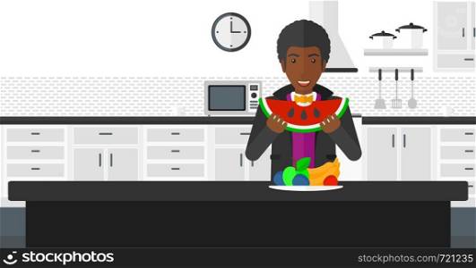 An african-american man eating watermelon while standing in front of table full of organic healthy food on a kitchen background vector flat design illustration. Horizontal layout.. Man eating watermelon.