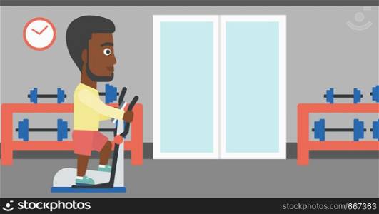 An african-american man exercising on a elliptical machine in the gym vector flat design illustration. Horizontal layout.. Man making exercises.