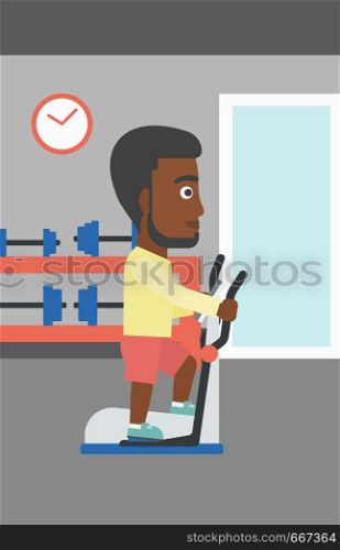 An african-american man exercising on a elliptical machine in the gym vector flat design illustration. Vertical layout.. Man making exercises.