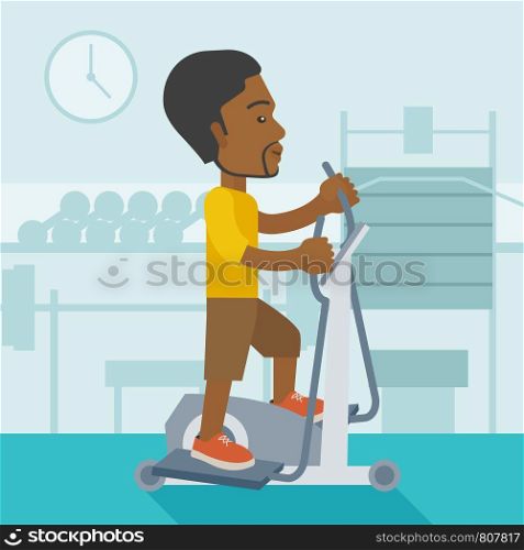 An african-american man exercising on a elliptical machine in the gym vector flat design illustration. Square layout.. Man making exercises.