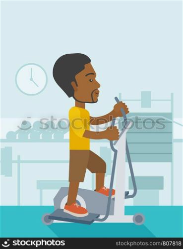 An african-american man exercising on a elliptical machine in the gym vector flat design illustration. Vertical layout with a text space.. Man making exercises.
