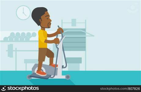 An african-american man exercising on a elliptical machine in the gym vector flat design illustration. Horizontal layout with a text space.. Man making exercises.