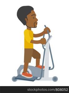 An african-american man exercising on a elliptical machine vector flat design illustration isolated on white background. Vertical layout.. Man making exercises.