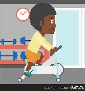 An african-american man exercising on stationary training bicycle in the gym vector flat design illustration. Square layout.. Man doing cycling exercise.