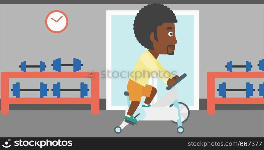 An african-american man exercising on stationary training bicycle in the gym vector flat design illustration. Horizontal layout.. Man doing cycling exercise.