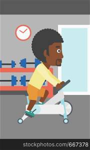 An african-american man exercising on stationary training bicycle in the gym vector flat design illustration. Vertical layout.. Man doing cycling exercise.