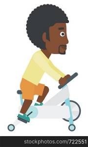 An african-american man exercising on stationary training bicycle vector flat design illustration isolated on white background. . Man doing cycling exercise.