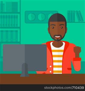 An african-american man expressing great satisfaction while looking at computer monitor on the background of business office vector flat design illustration. Square layout.. Cheerful successful man.