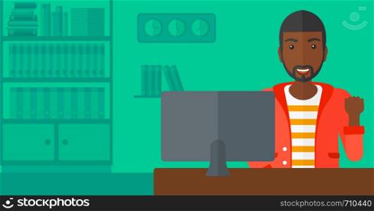 An african-american man expressing great satisfaction while looking at computer monitor on the background of business office vector flat design illustration. Horizontal layout.. Cheerful successful man.