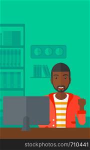 An african-american man expressing great satisfaction while looking at computer monitor on the background of business office vector flat design illustration. Vertical layout.. Cheerful successful man.