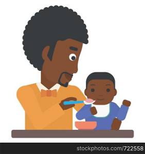 An african-american man feeding baby vector flat design illustration isolated on white background. . Man feeding baby.