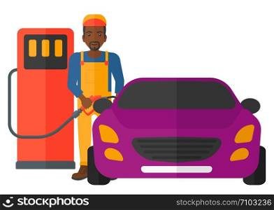 An african-american man filling up fuel into the car vector flat design illustration isolated on white background. . Man filling up fuel into car.