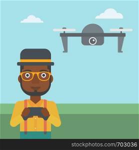 An african-american man flying drone with remote control. Man operating a drone with remote control. Man controling a drone. Vector flat design illustration. Square layout.. Man flying drone vector illustration.