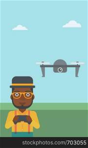 An african-american man flying drone with remote control. Man operating a drone with remote control. Man controling a drone. Vector flat design illustration. Vertical layout.. Man flying drone vector illustration.