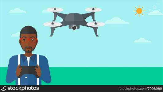 An african-american man flying drone with remote control on the background of blue sky vector flat design illustration. Horizontal layout.. Man flying drone.