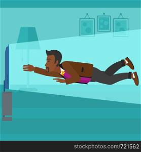 An african-american man flying in front of TV screen in living room vector flat design illustration. Square layout.. Man suffering from TV addiction.