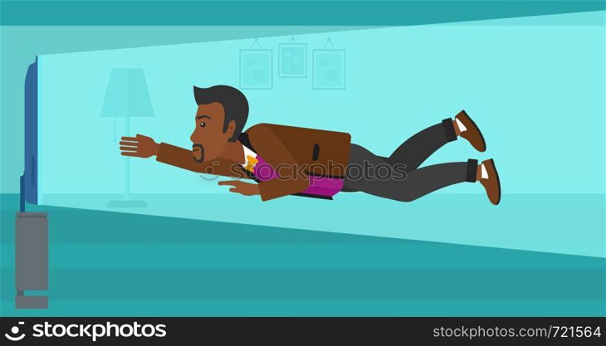 An african-american man flying in front of TV screen in living room vector flat design illustration. Horizontal layout.. Man suffering from TV addiction.