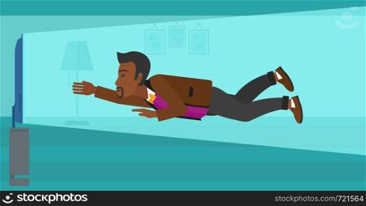 An african-american man flying in front of TV screen in living room vector flat design illustration. Horizontal layout.. Man suffering from TV addiction.