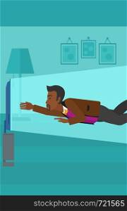 An african-american man flying in front of TV screen in living room vector flat design illustration. Vertical layout.. Man suffering from TV addiction.