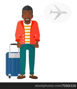 An african-american man frightened by future flight vector flat design illustration isolated on white background.. Man frightened by future flight.