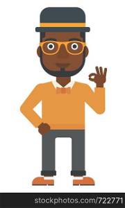An african-american man gesturing OK sign vector flat design illustration isolated on white background. Vertical layout.. Man gesturing OK sign.