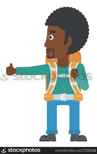 An african-american man hitchhiking trying to stop a car vector flat design illustration isolated on white background.. Young man hitchhiking.