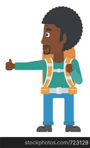An african-american man hitchhiking trying to stop a car vector flat design illustration isolated on white background.. Young man hitchhiking.