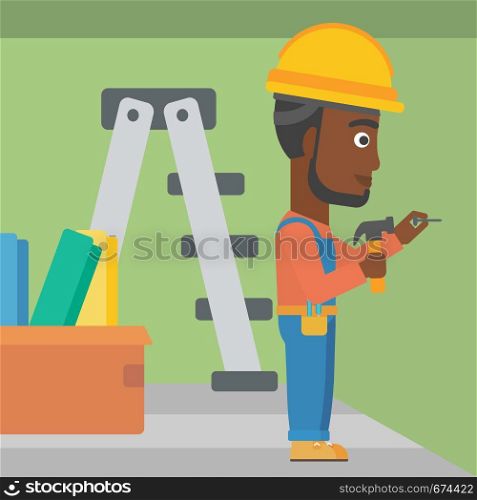 An african-american man hitting a nail in the wall with a hummer on a background of room with step-ladder vector flat design illustration. Square layout.. Constructor hammering nail.