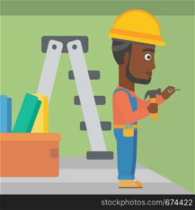 An african-american man hitting a nail in the wall with a hummer on a background of room with step-ladder vector flat design illustration. Square layout.. Constructor hammering nail.