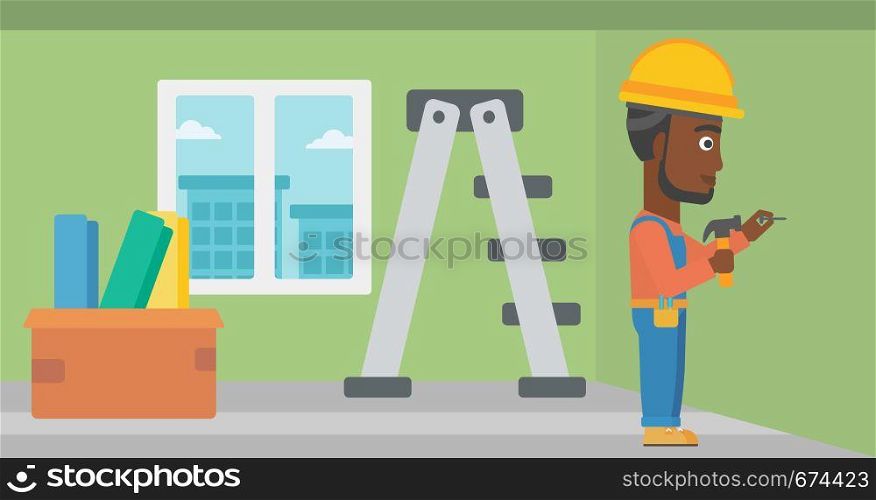 An african-american man hitting a nail in the wall with a hummer on a background of room with step-ladder vector flat design illustration. Horizontal layout.. Constructor hammering nail.